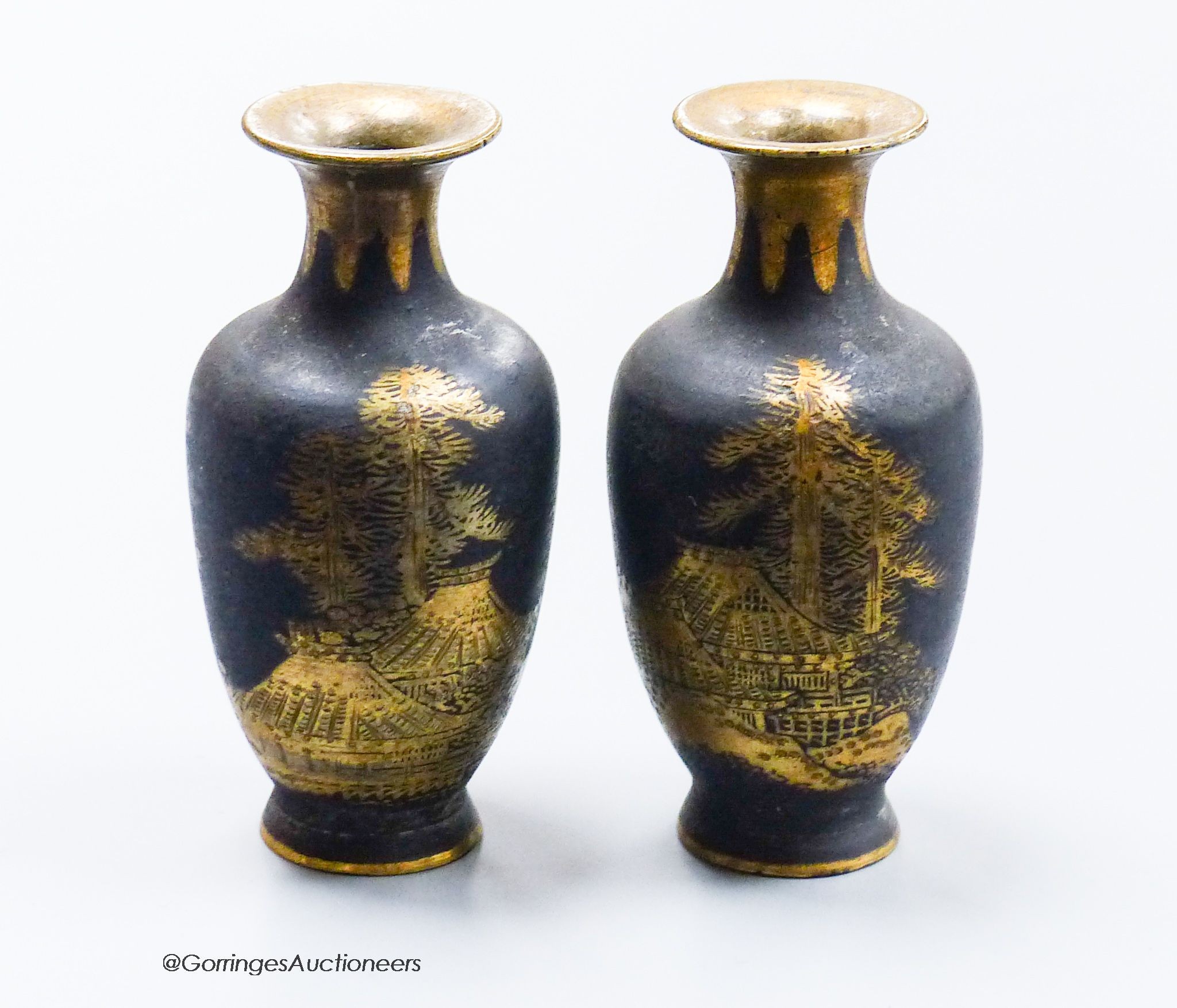 A pair of Japanese Komai style damascened iron miniature vases, height 6cm